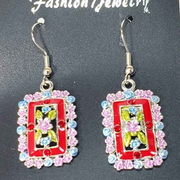 Red Crystal Floral Drop Earrings – Silver-Tone Colorful Statement Jewelry - Picture 3 of 7